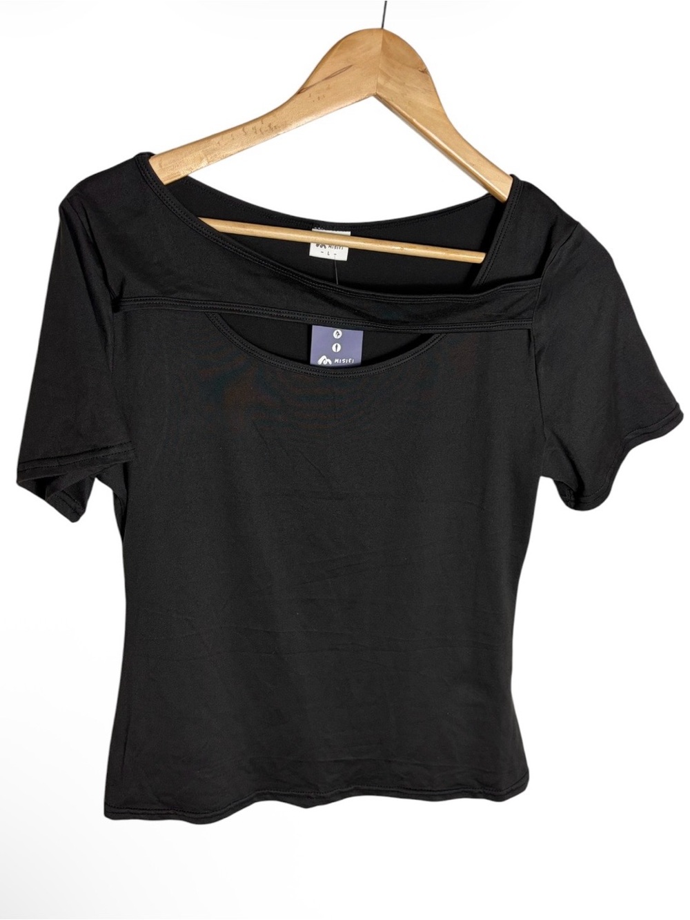 NWT black cutout bust short sleeve workout blouse size L